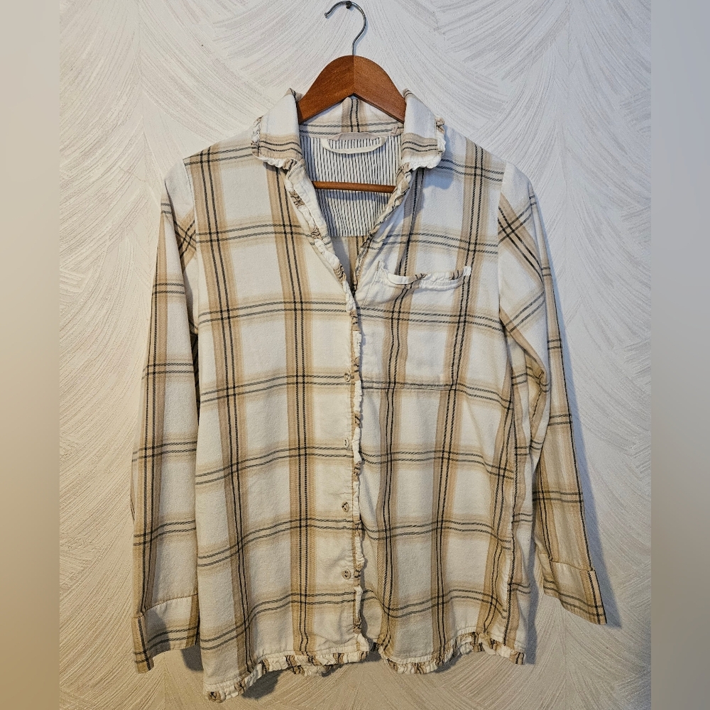 Soft Surroundings Beige and Cream Plaid Button-Up Pajama Set Loungewear XS